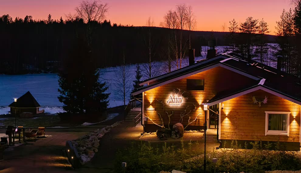 The resort's main building at sunset