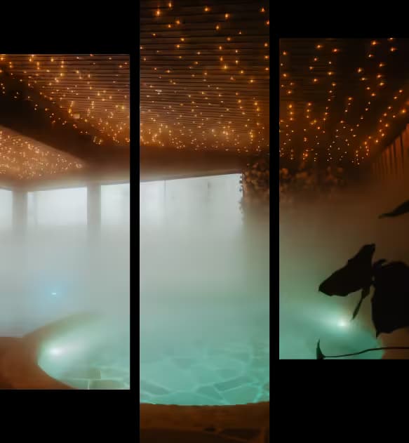 The resort's outdoor hot spring area, shown as three tall panels side by side