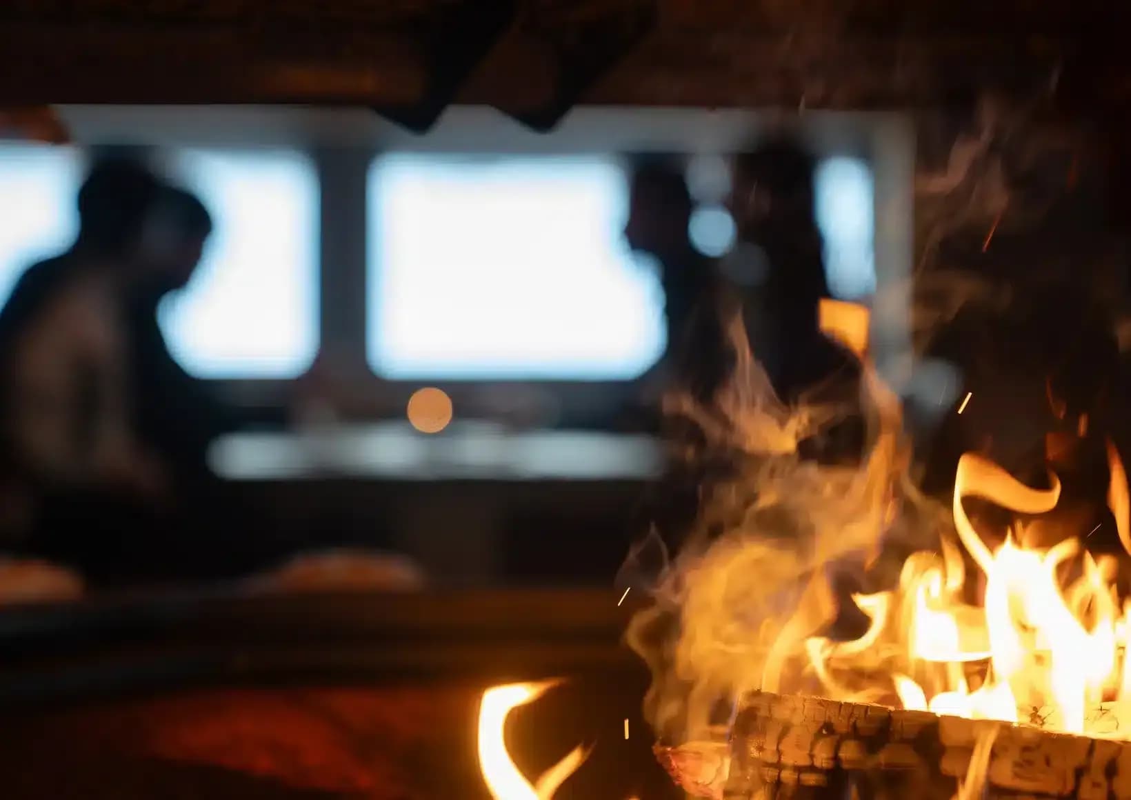 Open fire burning in the Aurora Grill dining hut