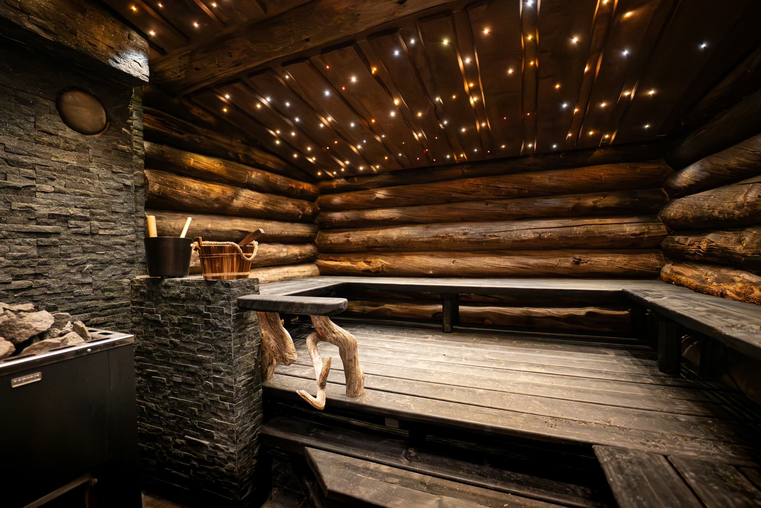 Interior of the traditional sauna hut at Aito Resort